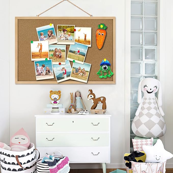 Cork Board Bulletin Board 23 x 15.7Inches with Rectangle Wooden Frame Hanging Pin for Walls Office Message Board or Vision Board Decoration