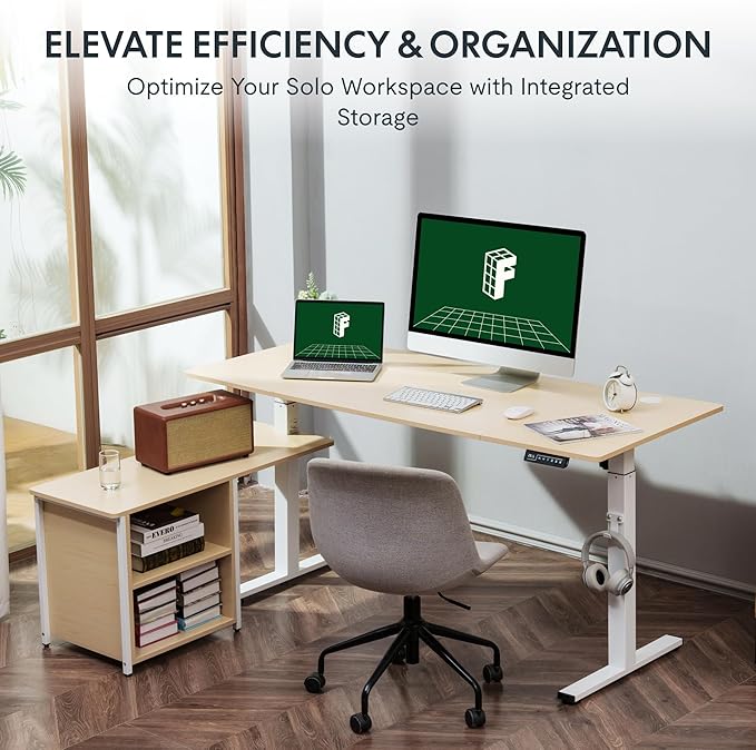 FLEXISPOT 63'' L Shaped Reversible Standing Desk with Drawers and Shelves, Large Corner Stand Up Executive Desk for Home Office, Light Wood Grain Top+ White Frame