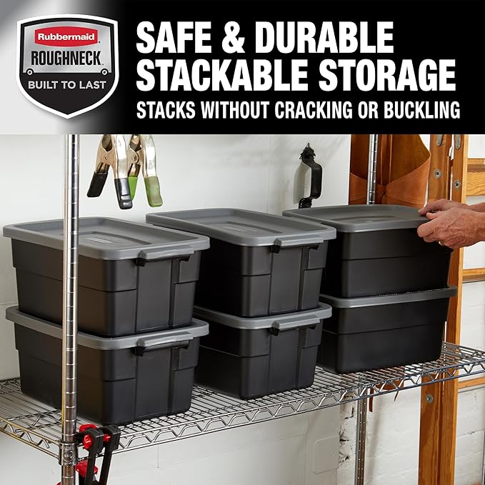 Rubbermaid 6-Pack Heavy Duty Durable 3 GAL Totes for Storage with Snap Lids and Handles, Plastic Storage Bins Stackable Black Gray for Home and Garage (3 GAL - 6 Pack Solid Black and Grey)