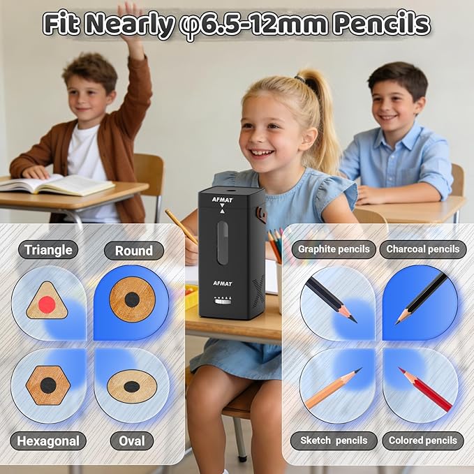 AFMAT Electric Pencil Sharpener, Fully Automatic Pencil Sharpener, Auto in & Out, Rechargeable Hands-Free Sharpeners for Jumbo & Colored Pencils (6.5-12mm), Portable for Home/Classroom/Office PSC6