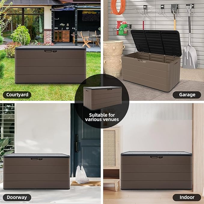 Decksplore 100 Gallon Plus Outdoor Storage Box Waterproof Lockable Resin Deck Box Large, Patio Storage Bin for Pool Accessories Cushion Furniture, Garden Tools, UV-Resistant Outside Delivery Brown