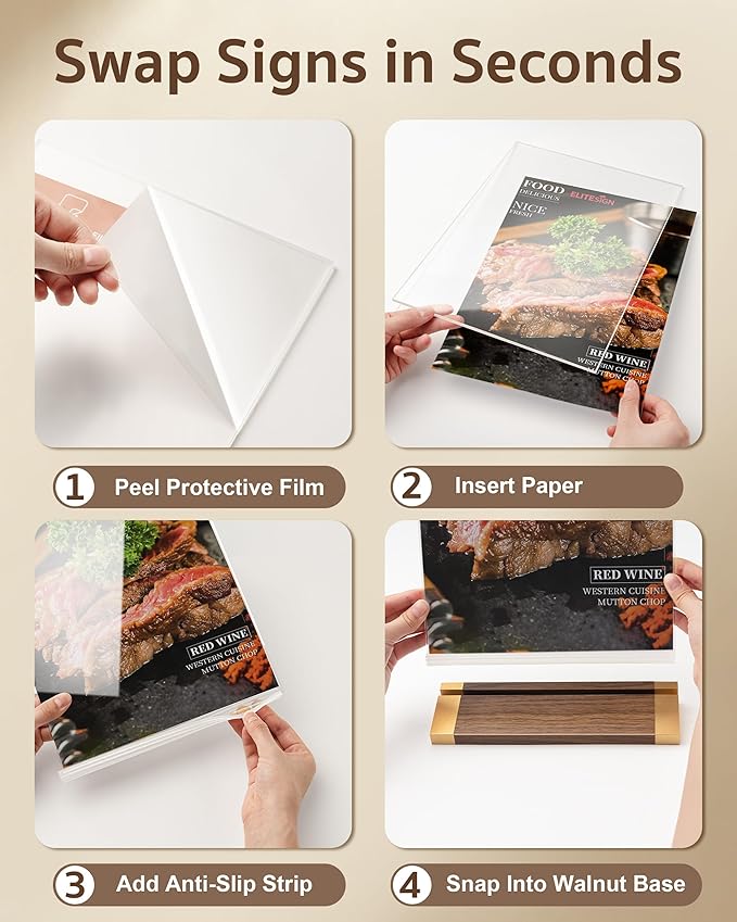 3 Pack Acrylic Sign Holder 8.5 x 11 Inch with Walnut Wood Base, Clear Tabletop Acrylic Display for Menu & Flyer Holder, Commercial Paper Stand for Restaurant, Office, Coffee, Bar, Wedding, Hotel