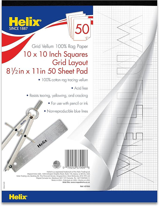 Helix - 100% Rag Vellum Paper Pad - 1 Inch Equals 10x10 Grid - 8.5 Inch x 11 Inch - 50 Sheet Pad - Acid-Free - Drafting, Art, Sketching and Tracing