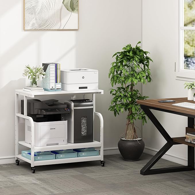 Fannova Printer Stand, 32.3" x 18.9" x 32.1" Extra Large Printer Table with Adjustable Storage Shelf, 3 Tier Rolling Printer Cart with Industrial Wheels for Home Office, White