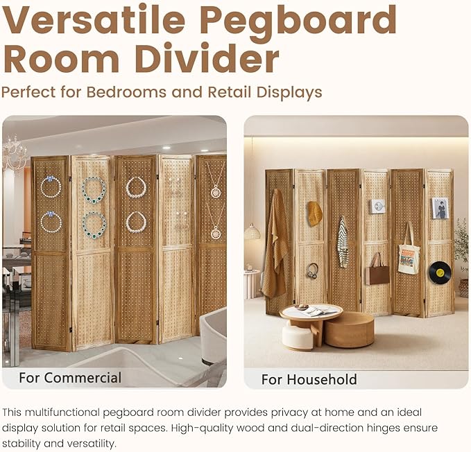 Aleesing 6 Panel Pegboard Display with 24 Hooks, Pegboard Room Divider and Folding Privacy Screens, Partition Room dividers, Wooden Room Divider Wall, Jewelry Store, Bedroom, Balcony, Light Brown