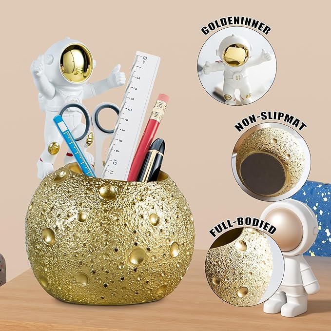 Kimdio Pen Holder, Astronaut Stand for Desk Pencil Holder, Resin Desk Moon Organizer Decorative Accessories Ideal Gift for Office, Classroom, Home - Gold