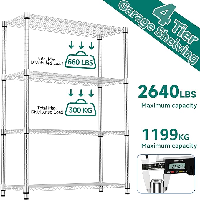 M MZG 4 Tiers Shelf Metal Storage Shelves 2640 lbs Steel Storage Shelving Utility Shelving Unit Steel Organizer Wire Rack for Home,Kitchen,Office,Garage Chrome 17.7" D x 47.2" W x 70.3" H