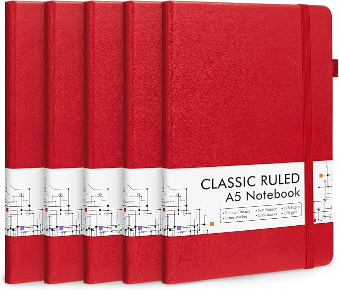5 Pack Journal Notebook Bulk for School, Feela Hardcover Business Notebooks Classic Ruled Lined Journals with Pen Holder for Work Note Taking, with 5 Black Pens, 120 GSM, 5.1”x8.3”, A5, Red