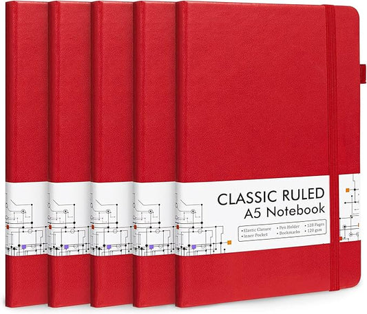 5 Pack Journal Notebook Bulk for School, Feela Hardcover Business Notebooks Classic Ruled Lined Journals with Pen Holder for Work Note Taking, with 5 Black Pens, 120 GSM, 5.1”x8.3”, A5, Red