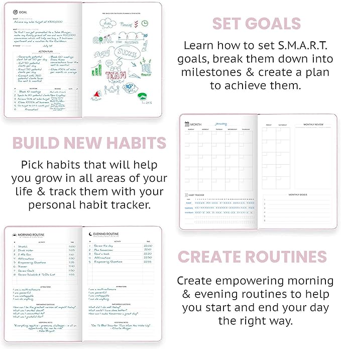 Wyze Planner Undated Daily Planner – 1-Year B5 Productivity Organizer with Two-Page Weekly Spread, Goal Setting, Habit Tracker, Weekly & Monthly Pages – Hardcover Time Management Notebook (Pink)