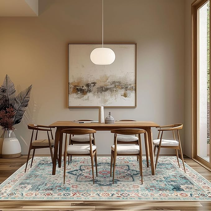 GENIMO 8x10 Area Rugs for Living Room, Machine Washable Non Slip Rugs, Low Pile Lightweight Vintage Print Rug for Bedroom, Dining Room, Home Office, Cyan/White