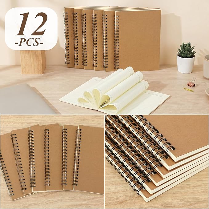 Leelosp 12 Pack Small Spiral Notebook 5 x 7 Inch Lined College Ruled Spiral Journal Wire Bound Notebook Kraft Cover, 120 Pages for Work Students Office Business(Brown)