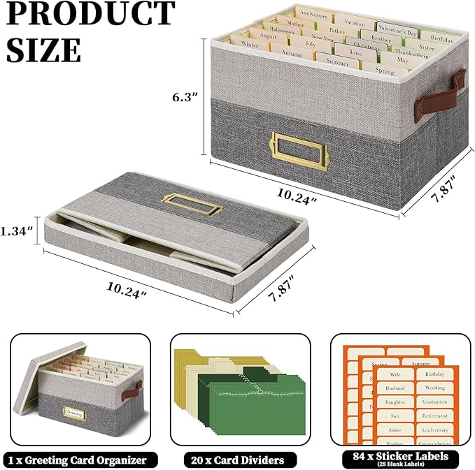 Vienrose Greeting Card Organizer Box with 20 Removable Dividers, 84 Self-Adhesive Labels, Foldable Storage Box Great for Greeting Cards, Photos, Envelopes, Stickers, Postcards Light Grey&Dark Grey