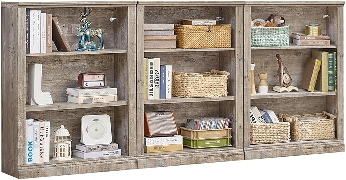 RWYHG 43" Grey Tall Bookshelf Set of 3,3-Tier Thick Wooden Book Shelf with Adjustable Shelves,Free Standing Farmhouse Bookcase with Open Display Storage,Floor Vintage Bookshelves for Living Room