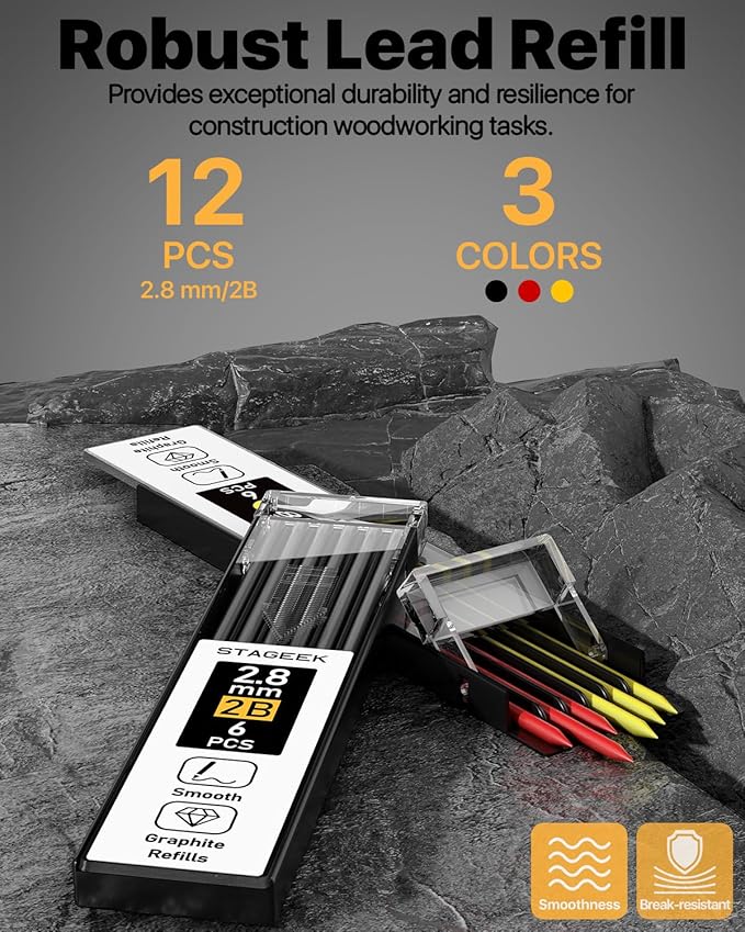 STAGEEK Carpenter Pencils Set with Sharpener, Heavy Duty Woodworking Tools with 13 Refills (Red, Black, Yellow), Construction Pencil and Deep Hole Long Nib Marker Pen for Architect Marking with Case