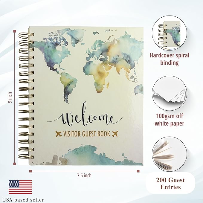 Paper 'n Such Guest Book for Rental House - Vacation Home - Short Term Rentals, Host Essentials, Spiral Hardcover Welcome Log for Airbnbs- 200 Pages (World Map)