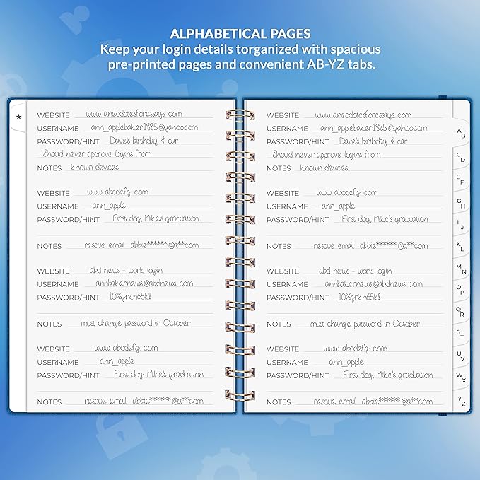 Clever Fox Password Book Spiral – Internet Address & Password Organizer with Laminated Alphabetical Tabs – Password Keeper Journal – Hardcover, Medium Size, 6.1x7.7” (Mystic Blue)