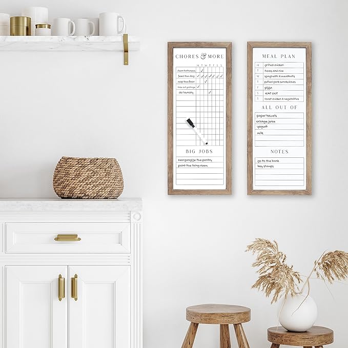 Sheffield Home Set of Two Family Planner Dry Erase Boards Featuring, Chore Chart, Shopping List, Weekly Meal Planner and Notes, 9x21 Inch, Natural