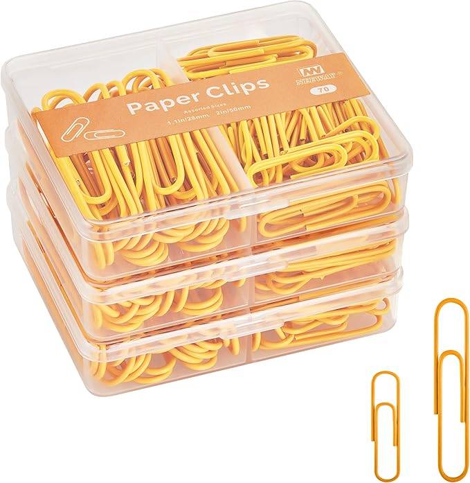 NEEWAY Colorful Paper Clips Assorted Sizes, Small and Large Paper Clips, 210 Count, 3 Pack of 70 (Orange)