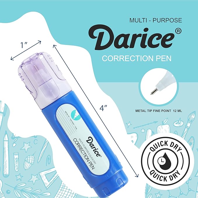 Darice Liquid Correction Pen Box of 24 - Multi-Purpose Liquid White Out Pen with Metal Tip for School, Office & Home