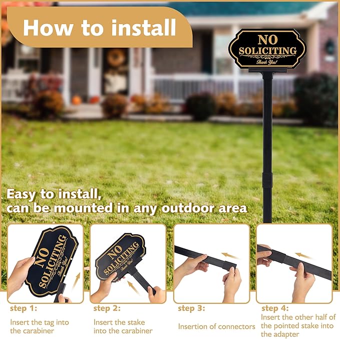 No Soliciting Sign for House with Stake - 50-mil Thick Aluminum - 5x10 Inch/37 Inch High - Adjustable Height - Outdoor Yard Sign for Home and Front Door (A1512)