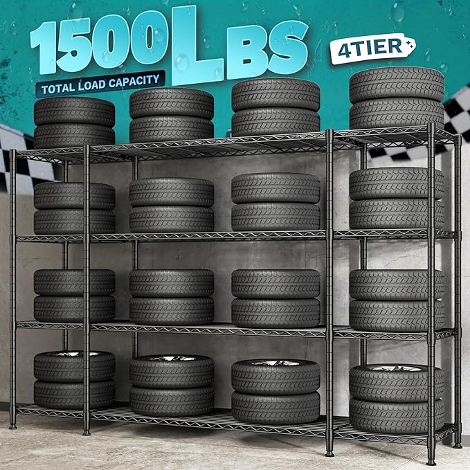 REIBII 78.4" W Storage Shelves Load 1500LBS, Metal Shelving 4-Tier Wire Shelving Unit Garage Shelving for Storage, Metal Shelves for Pantry Commercial Kitchen Garage, 11.8''D x 59''H,2P