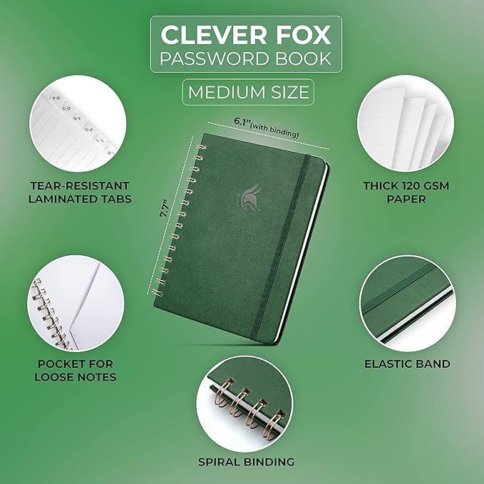 Clever Fox Password Book Spiral – Internet Address & Password Organizer with Laminated Alphabetical Tabs – Password Keeper Journal – Hardcover, Medium Size, 6.1x7.7” (Dark Green)
