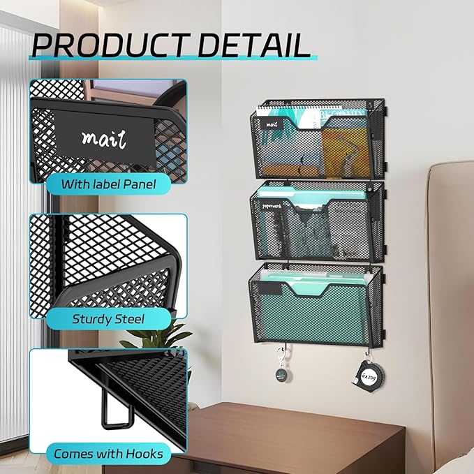 SUPEASY Magnetic File Holder, 6 Pack File Folder Organizer, Wall File Organizer, No Drilling Paper Document Holder & Binder Holder for Home / Office (with Label Panel, 14 * Adhesive Wall Hook)
