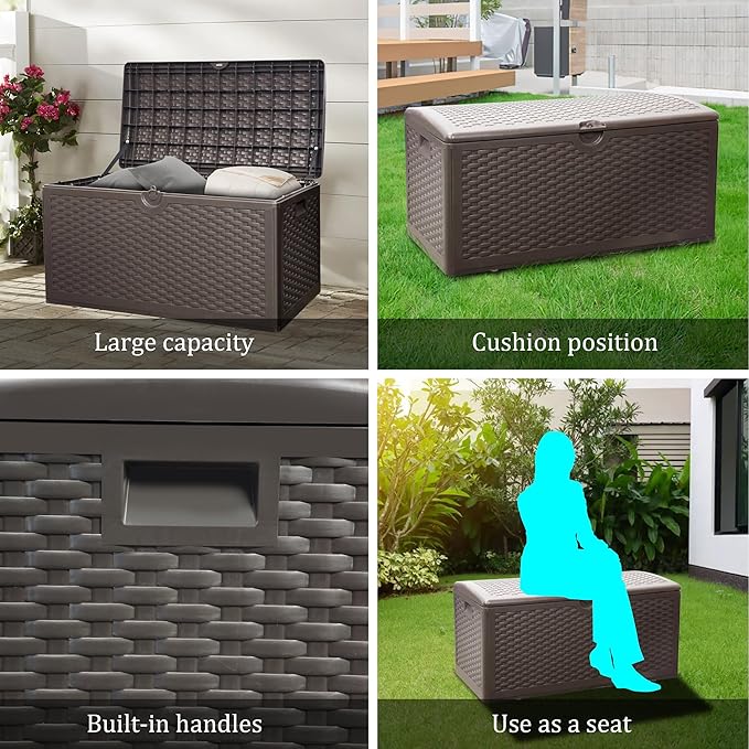 Decksplore 90 Gallon Pro Outdoor Storage Box Waterproof Lockable Resin Deck Box Large, Patio Storage Bin for Pool Accessories Cushion Furniture, Garden Tools, UV-Resistant Outside Delivery Brown