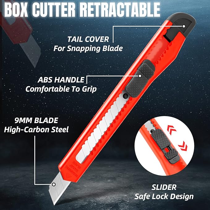 TIFICAL 42 Pack Box Cutter Retractable, 9MM Snap-Off Blade Utility Knife With Self-Lock Design for Cutting Boxes, Carton, Cardboard, Paper