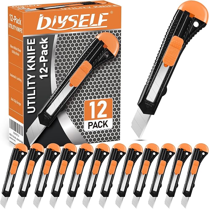DIYSELF 12-Pack Box Cutters, Disposable Utility Knife, Box Cutter Retractable for Office, Shop, Warehouse, Utility Knives with18mm Snap-Off Blades, Portable Box Opener, Razor Knife Set, Paper Knife