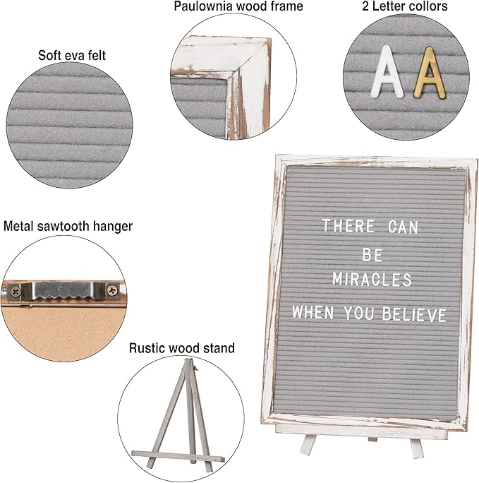 Felt Board With Rustic Vintage Frame and Stand 12x16 Inch, Grey Changeable Message Board Includes 792 Letters, Numbers and Symbols, Hook to Hang, 2 Canvas Bags