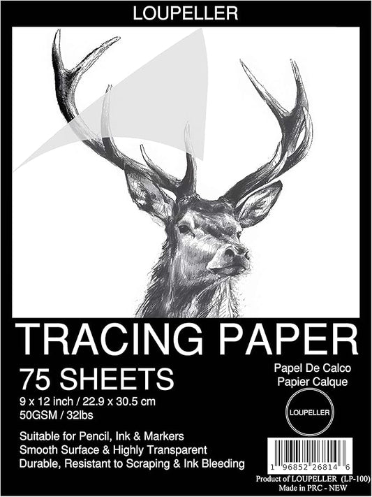 LOUPELLER 9” x 12” Tracing Paper Pad – 75 Sheets of 32lb 50g – Wrinkle Free Highly Transparent Tracing Paper for Drawing – Works with Pen, Pencil & Marker – for Artists, Architects & Kids