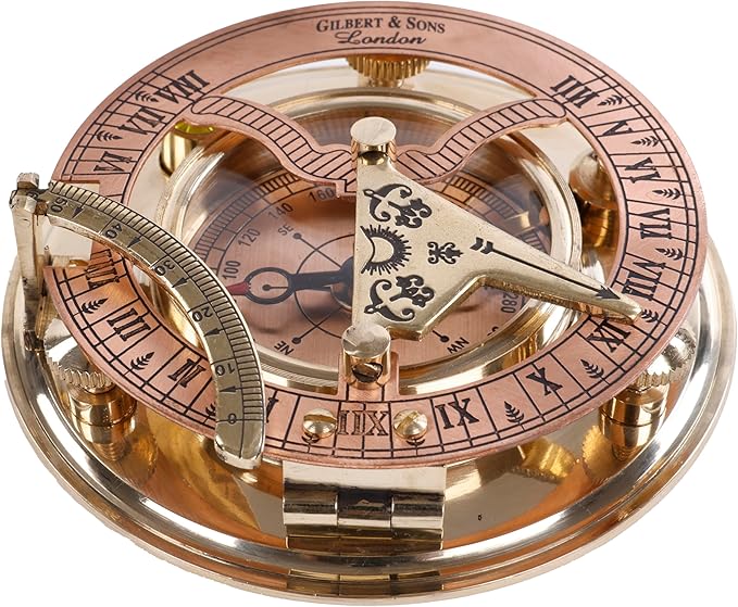 Brass Sundial Compass in Leather Case – Unique Nautical Gifts for Men, Antique Sailing Anniversary Gadget, Maritime Pocket Watch Clock, Nautical Decor for Him