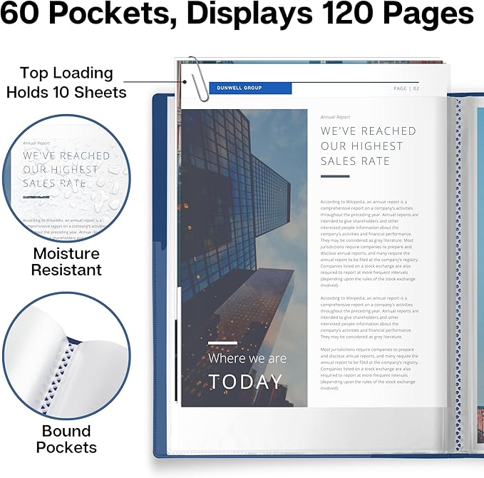 Dunwell Presentation Binder 60-Pocket, Displays 120 Pages, 8.5x11 Portfolio Binder with Plastic Sleeves, Storage and Organizer for Documents, Photos, Kids Artwork, Projects, Recipes (Blue)