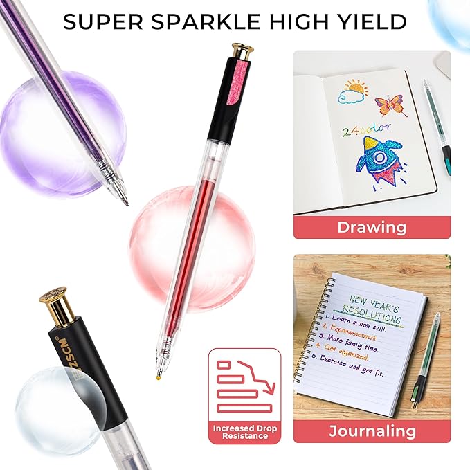 ZSCM Retractable Super Glitter Gel Pens, 24 Colors Large Capacity Metallic Sparkle Gel Ink Pens, 1 mm Fine Point Smooth Writing Color Pen for Adult Coloring Book Note Taking Aesthetic Art Supplies