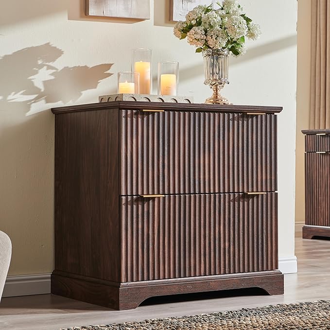 JXQTLINGMU 2 Drawer File Cabinet with Charging Station, 30" Fluted Lateral File Cabinet w/Files Hanging Rod for Letter/Legal/A4, Large Tabletop for Printer, Office Wood Printer Cabinets, Dark Walnut