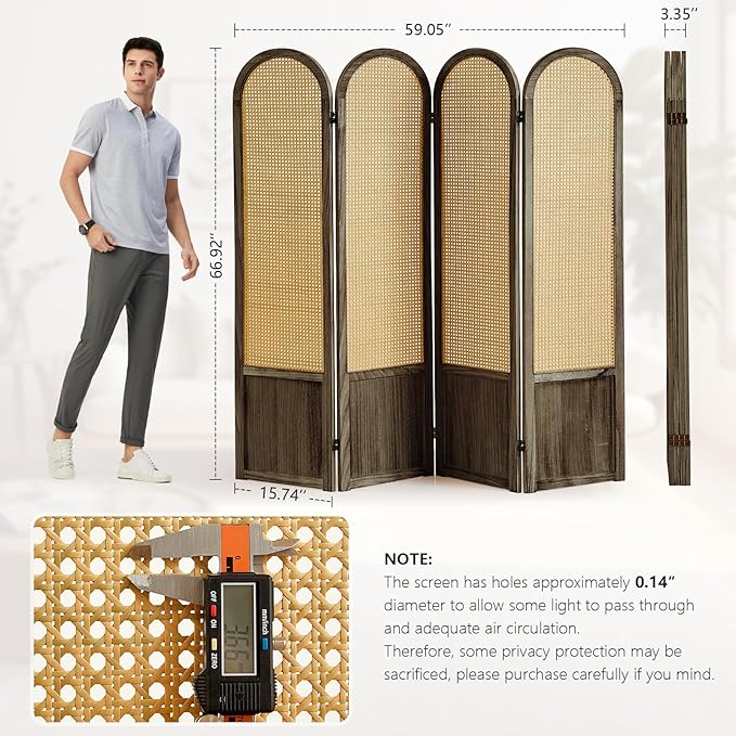 Asnefeli 4 Panel Room Divider Wall, Folding Privacy Screen, Foldable Wood Divider Room Dec, Rattan Room Divider, Portable Partition Screen, Wall Divider for Room Separation Home Office (Brown)