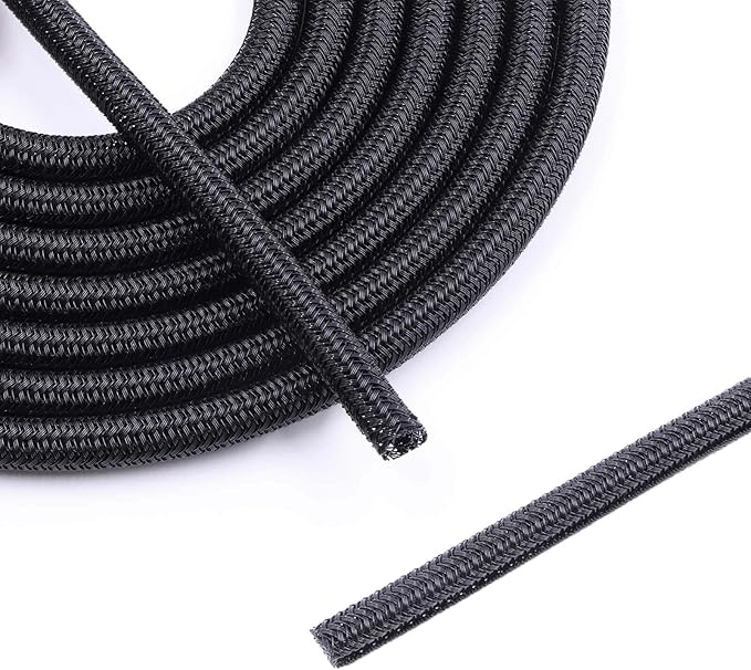Flauzmann 1/4" Braided Cable Sleeve - 10Ft Cat Cord Protector Split Wire Loom Tubing Flexible Self Wrapping for USB, Audio, Automotive Cord, Dog Chew Proof Cable Protector - Black