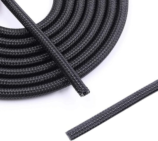 Flauzmann 1/4" Braided Cable Sleeve - 10Ft Cat Cord Protector Split Wire Loom Tubing Flexible Self Wrapping for USB, Audio, Automotive Cord, Dog Chew Proof Cable Protector - Black