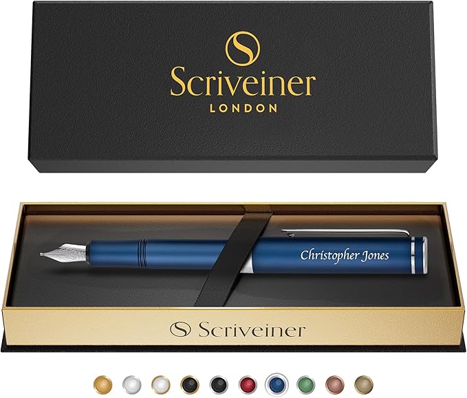 Scriveiner Personalized Luxury EDC Fountain Pen (Medium), Stunning Matt Blue Pocket Pen, Chrome Finish, Schmidt German Nib, Best Engraved Fountain Pen Gift Set for Men & Women, Name Engraving