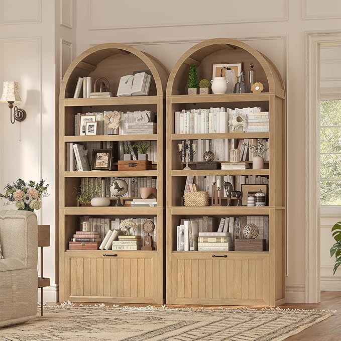 81" Tall Arched Cabinets,Bookcase with Drawer storage,Mid-Century Modern 5-Tier Bookshelf,2 Book Risers and Adjustable Shelves offering more storage space for Living Room,Kitchen,Home Office,Oak