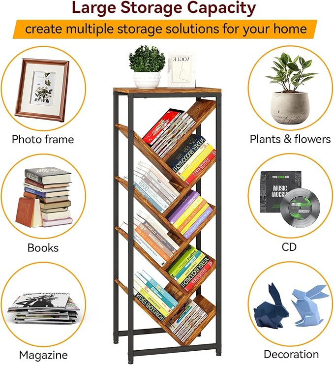 IBUYKE 9 Tier Tree Bookshelf, Floor Standing Wood Bookshelf for Narrow Space, Storage Organizer Bookcase for Books/CDs/Movies, Small Corner Bookcase for Bedroom Living Room,Rustic Brown,TBC002H