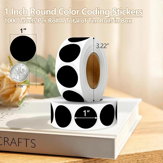 Black 1 Inch Round Color Coding Dot Labels, 10 Rolls 10000 Dot Stickers in Dispenser Box - Permanent Adhesion, Vibrant Colors, Highly Visible
