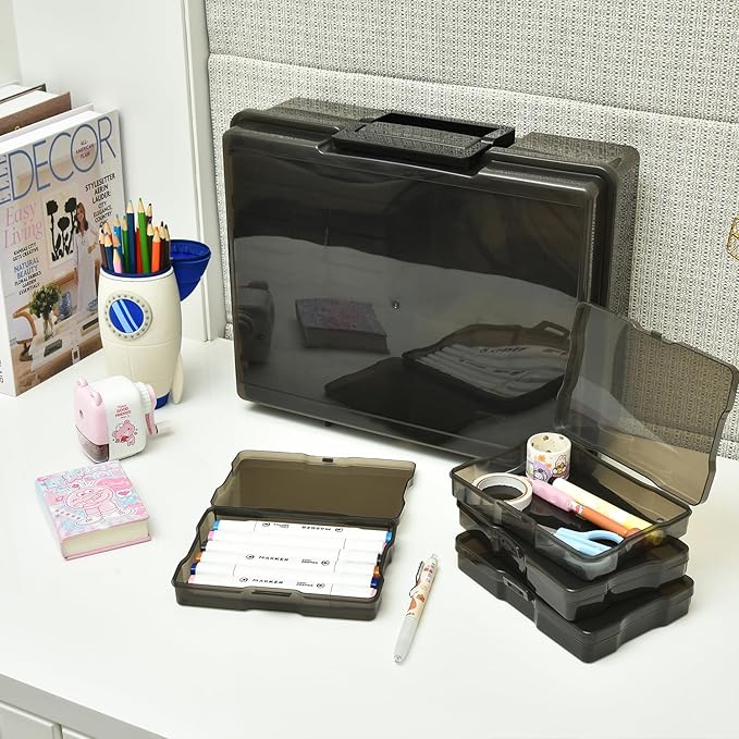 Haundry Photo Storage Box with 16 Inner 4" x 6" Photo Case, Portable Storage Organizer with Handle Craft Keeper for Picture, Stickers, Stamps, Screws, Hair Clips, Black