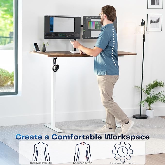 VIVO Electric 60 x 30 in Rustic Standing Desk, Memory Height Adjustment, 1B Series, Holds 220 lbs, Vintage Brown Top White Frame, DESK-KIT-1W6N-30