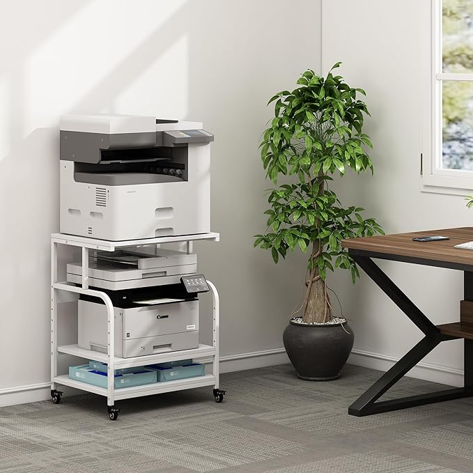 Fannova White Printer Stand, 23.6 x18.9 x 30 Inches Big Size Printer Table with Adjustable Shelf, 3 Tier Rolling Printer Cart with Wheels for Home Office Storage and Organization