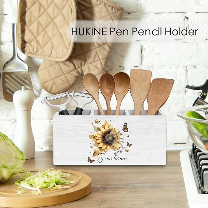 HUKINE Sunflower Inspirational Quotes Pen Holder for Desk Decoration, When You Can't Find the Sunshine Motivational Wooden Box Sign Pencil Holder Organizer for Home Office Desk Accessories