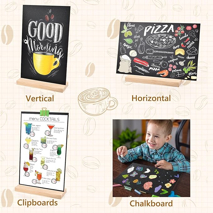 Bouiexye 2 Pack 8.1x12 in Chalkboard Signs with Stand for Tables Small Chalk Board Signs Tabletop Message Board Sign with Wood Base for Home Decorations Coffee Shop Restaurant Kitchen Wedding Party