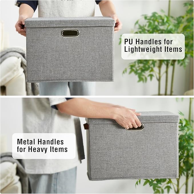 Roobyl 17" Large Collapsible Storage Bins with Lids, Stackable Closet Organizers with PU Handle and Labels, 3-Pack Decorative Fabric Storage Boxes for Home, Bedroom, Closet, Office, Nursery(Gray)